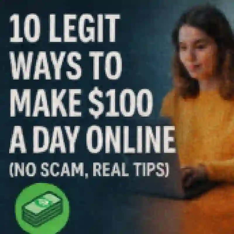 Low-resolution thumbnail showing a woman in a yellow sweater using a laptop, with bold text: "10 Legit Ways to Make $100 a Day Online (No Scam, Real Tips)"