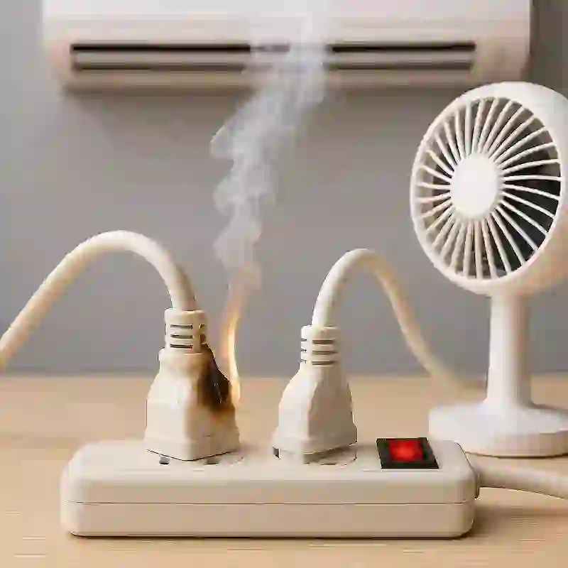 Burnt power strip with smoke due to AC and fan plugged together – summer electrical safety hazard